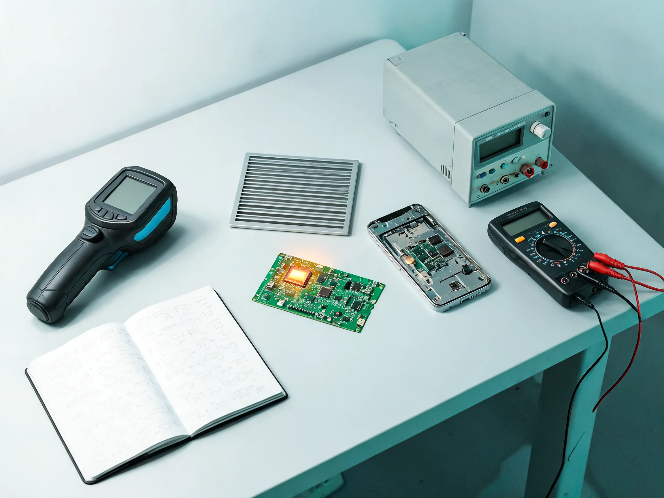 Thermal camera, circuit board, inspection notes, and diagnostic tools arranged on a test bench
